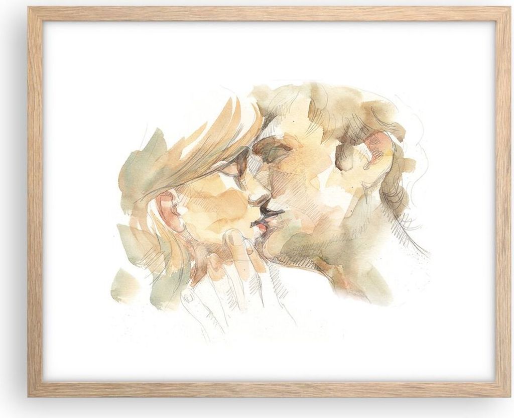Gerahmtes Poster - Rahmen in heller Eiche - Kuss Paar Liebe - 50x40 cm - Wand Bild - Wanddeko - Wandbilder - Kunstposter - Wandposter - Bilderrahme...