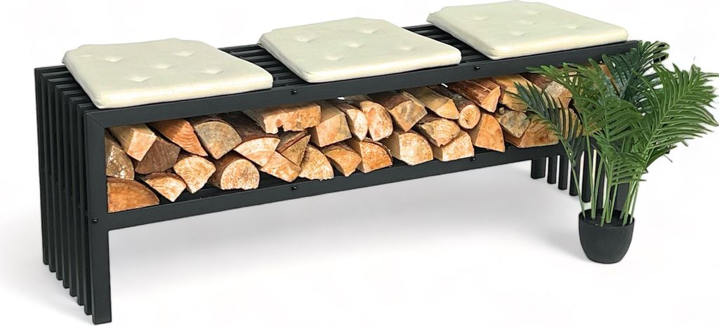DanDiBo Kaminholzregal Innen mit Sitzbank Metall Schwarz Kaminholzständer mit Bank 96497 Brennholzregal 150 cm Kaminholzhalter