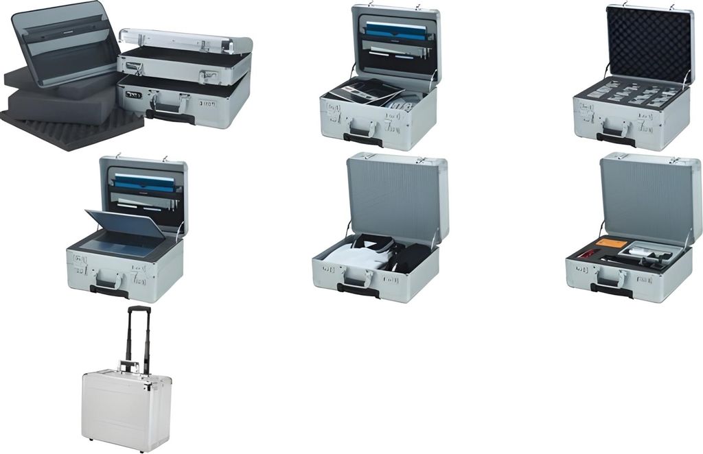 A collage of different aluminum cases, some open and some closed, showcasing various configurations and contents.