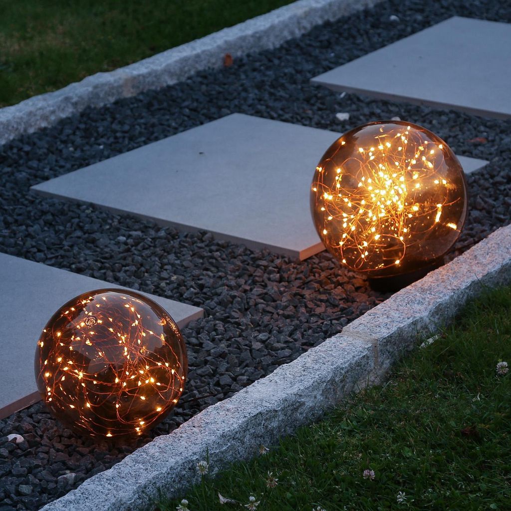 LED Kugel mit Drahtlicherkette - stehend - 80 bernsteinfarbene LED - D- 20cm - f. Aussen - rauchgrau