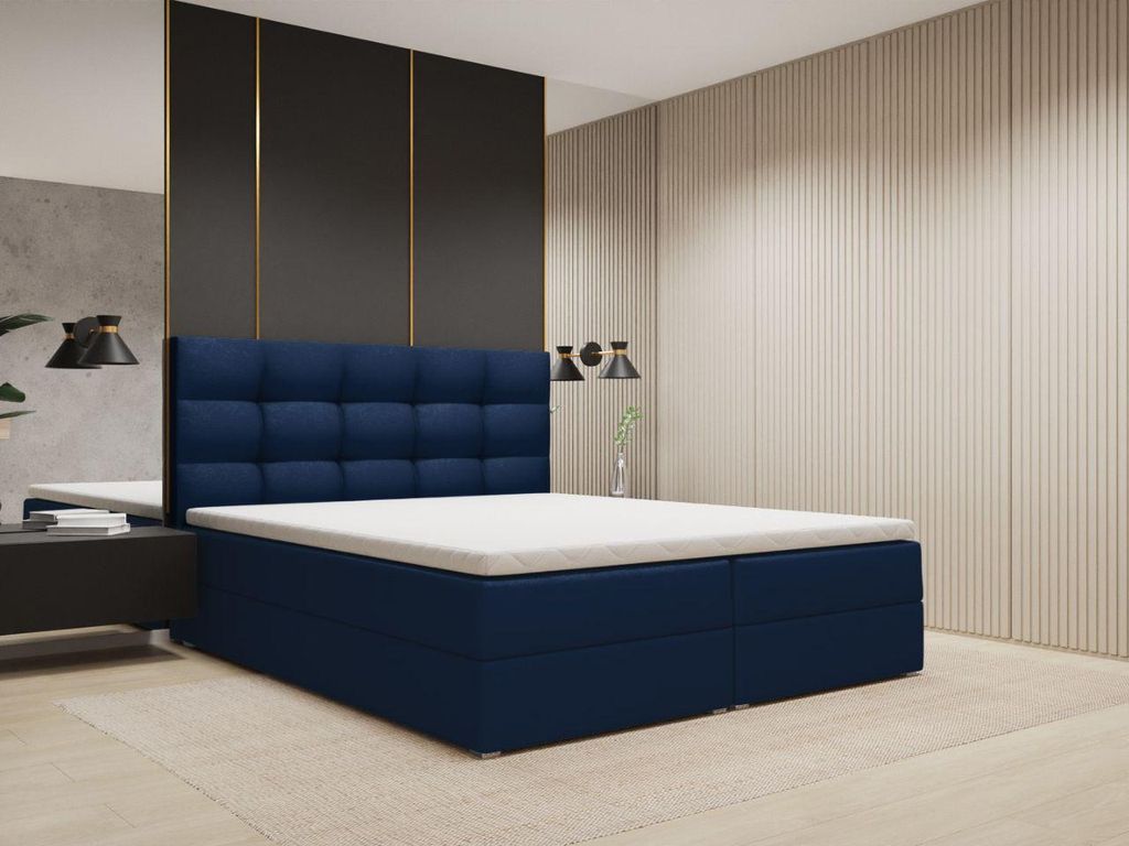 FurniDe24 Boxspringbett Piko 160x200 - Bett mit Matratze und Topper – Kontinentalbett mit Bettkasten und Matratze – Doppelbett Dunkelblau (Kron...