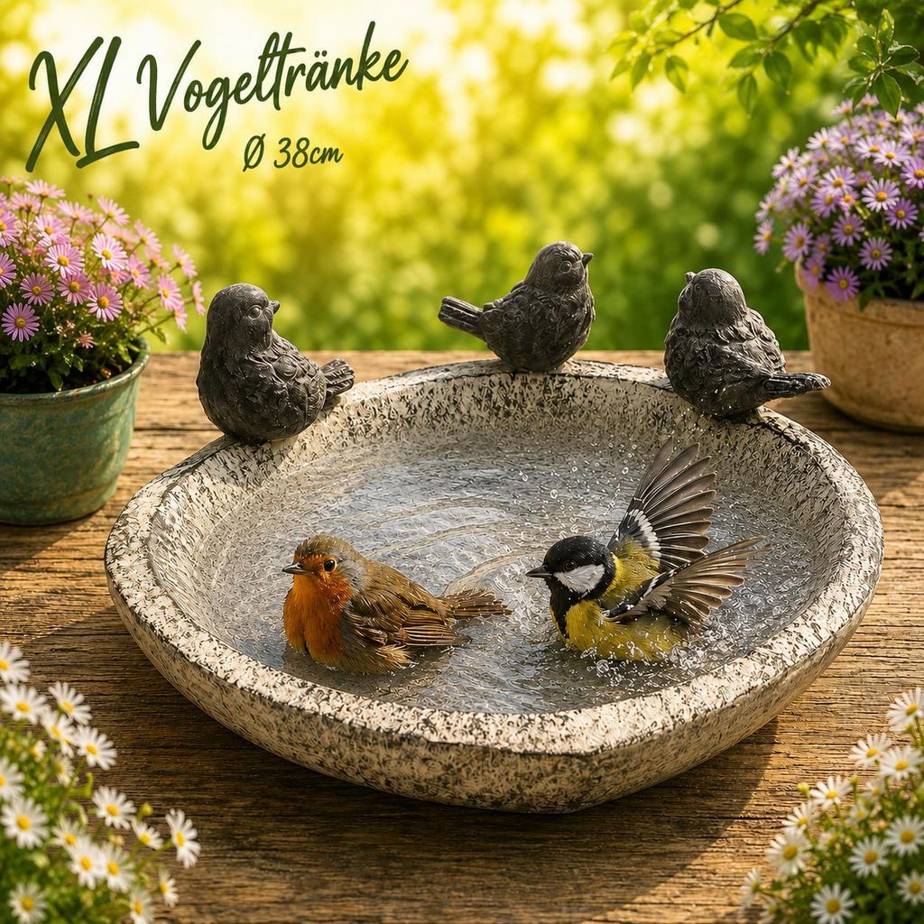 XL Vogeltränke Ø 38 cm – Vogelbad mit 3 Deko-Vögeln, Produktbild 