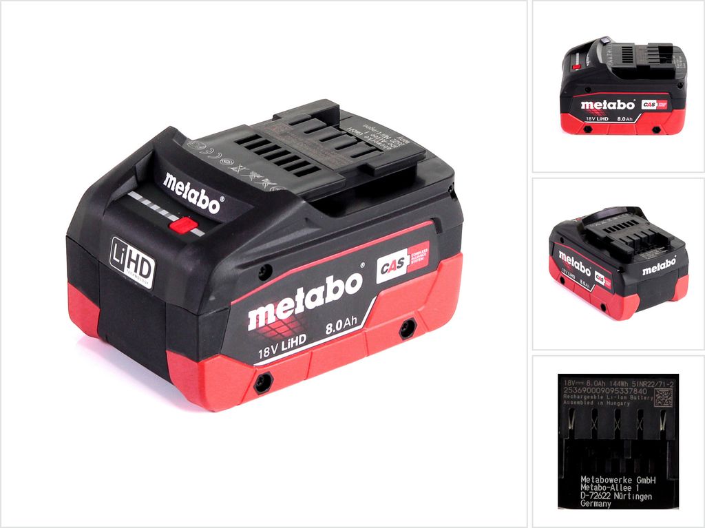 A Metabo 18V 8.0Ah LiHD battery pack is shown from multiple angles, including a close-up and a view of the label.