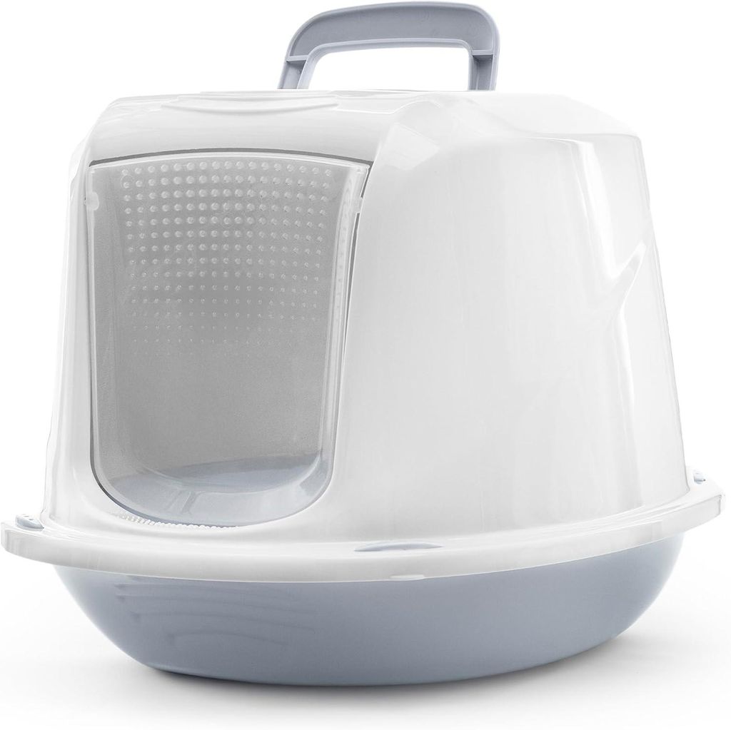 Geschlossene blaue Katzentoilette 45 x 36 x 31,5 cm mit Griff und Filter, modernes Design, Kunststoff