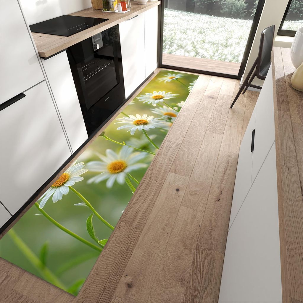 Küchenteppich 60x300cm rutschfest & abwischbar PVC Läufer - Blühende Gänseblümchen