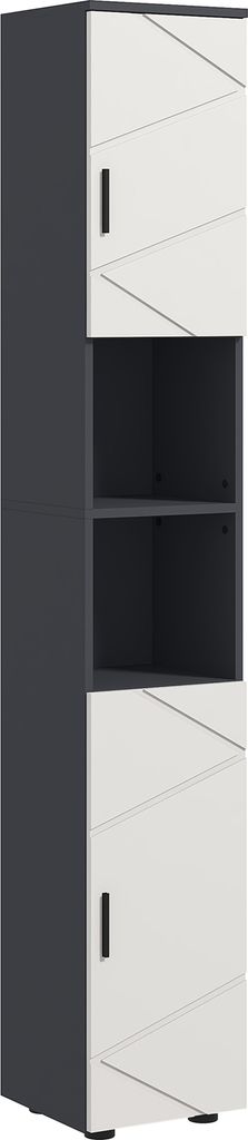 A tall, narrow cabinet with two doors and open shelves in between, presented against a white background.