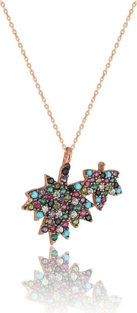 Collier femme or rose et argent 925 avec pendentif feuille platane