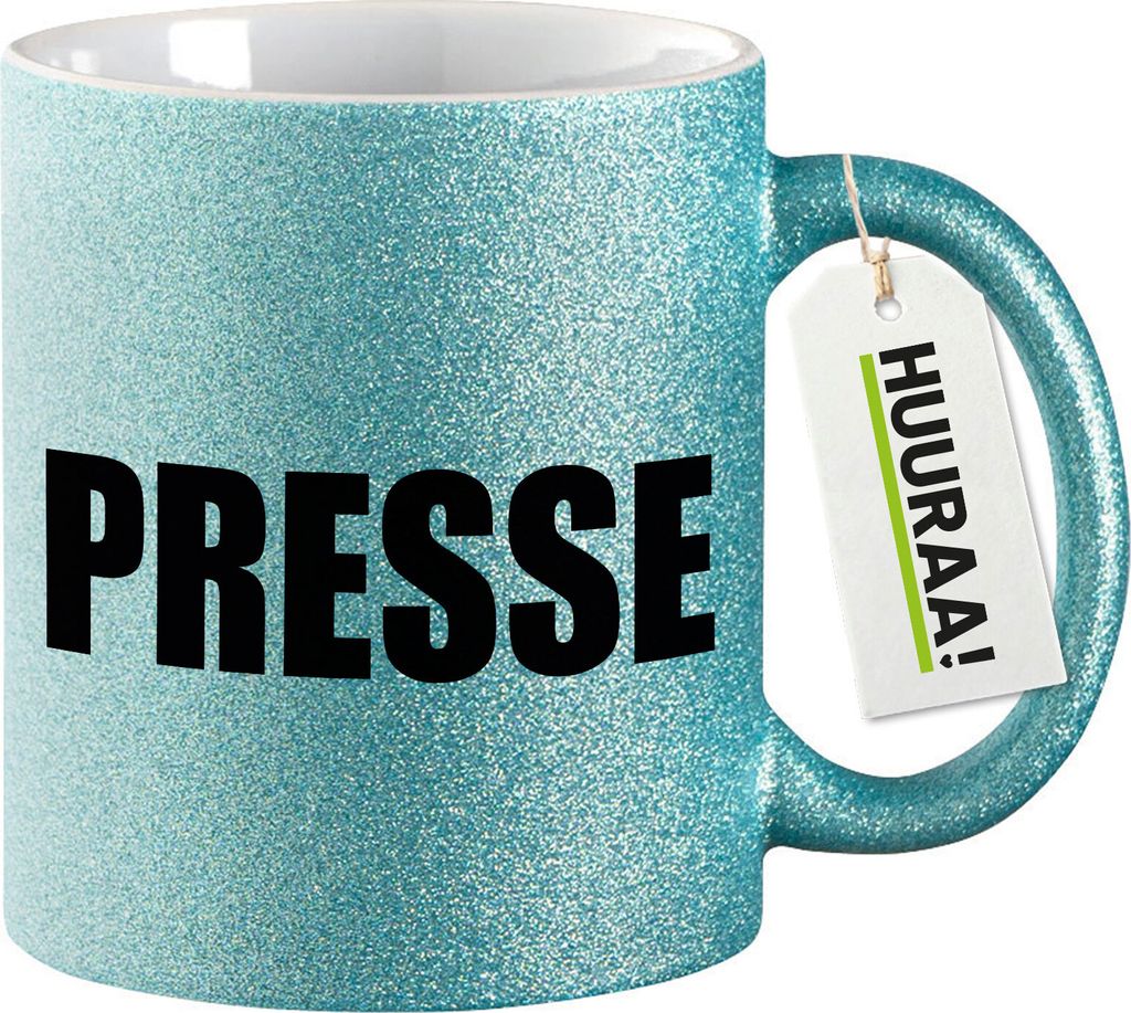 Huuraa Glitzertasse Presse Schriftzug 330ml Blau Keramik Kaffeebecher Geschenkidee