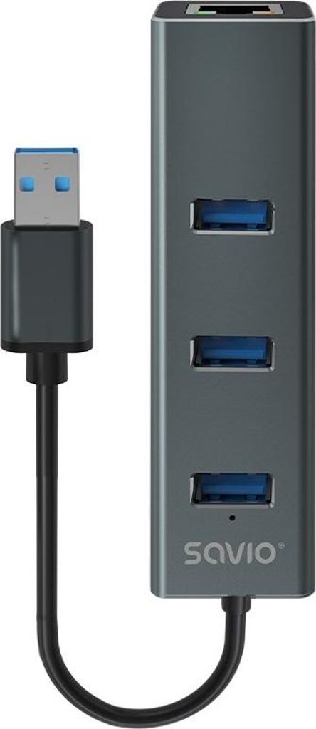 Savio AK-57 USB-A - 3 x USB-A HUB mit RJ-45 Gigabit Ethernet Adapter 5000 Mbit/s grau USB 3.2 Gen 1 (3.1 Gen 1) Micro-