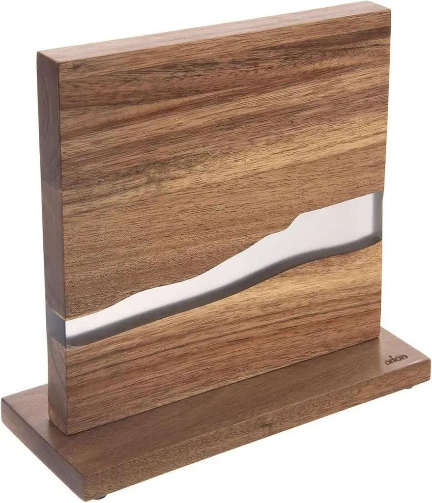 A wooden knife block with a silver resin inlay, shown on a white background.