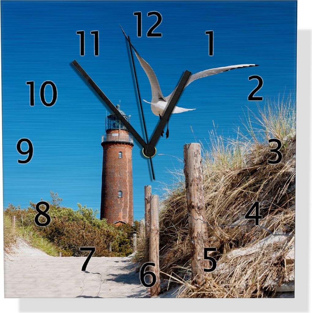 Wallario Design Wanduhr Möwe am Strand mit Leuchtturm aus Aluverbund, Größe 30 x 30 cm