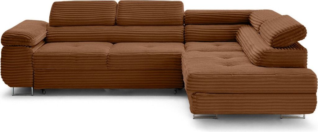 Lisa Design Zaria - Ecksofa rechts 5-Sitzer Schlaffunktion und Bettkasten und Kopfstützen großer geripptem Cord , Rostfarben