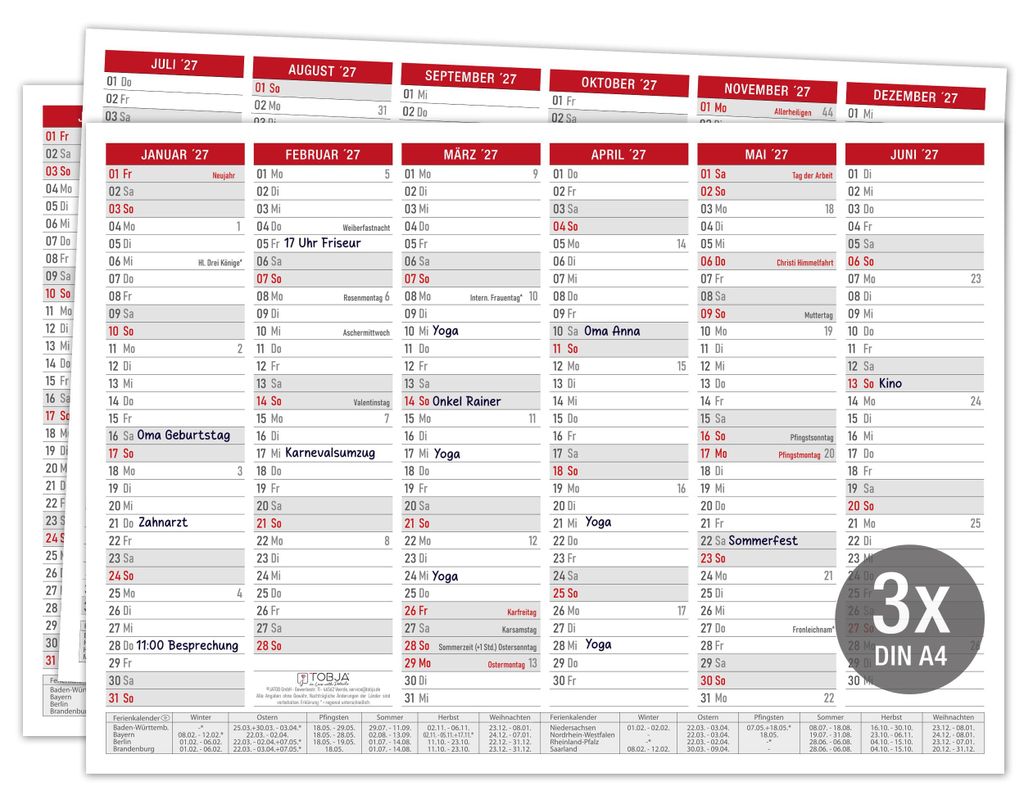 Tafelkalender 2027 Rot DIN A4 3er Set Halbjahreskalender Produktbild 