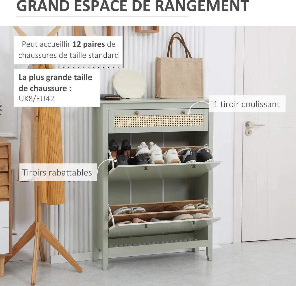 Meuble à chaussures vert d'eau cannage rotin avec 2 étagères mobiles