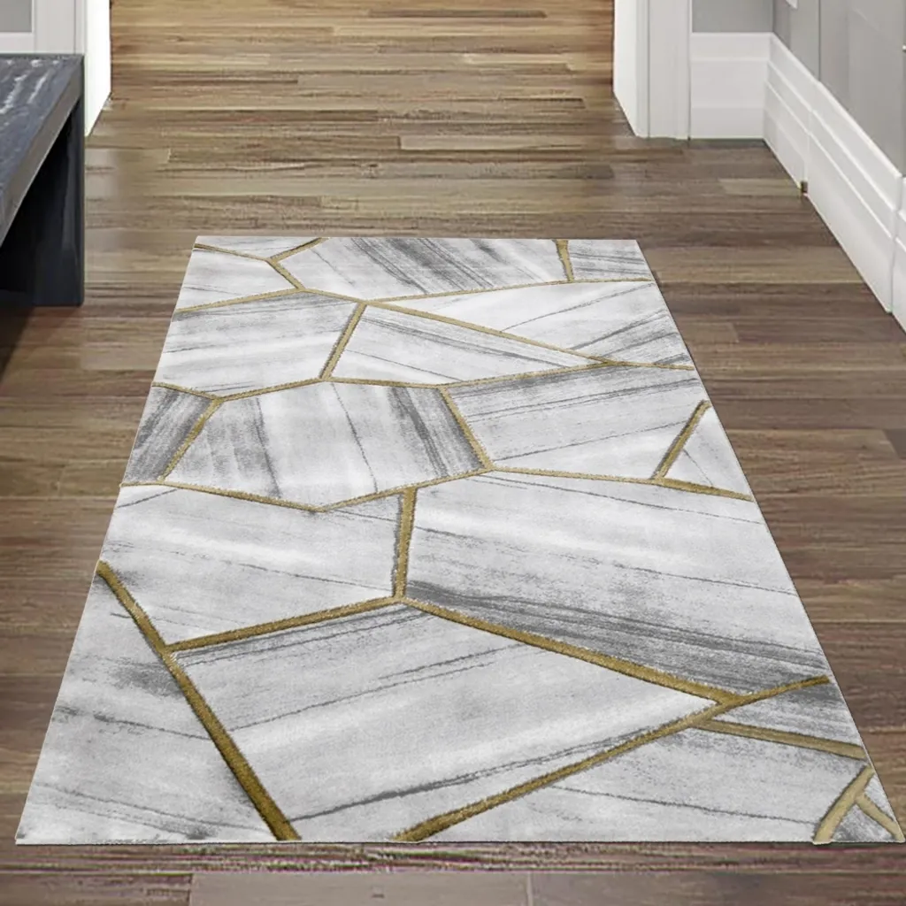 Tapis de Salon pour Déco Moderne, Motifs Gris et Or, Format 80 x 150 cm
