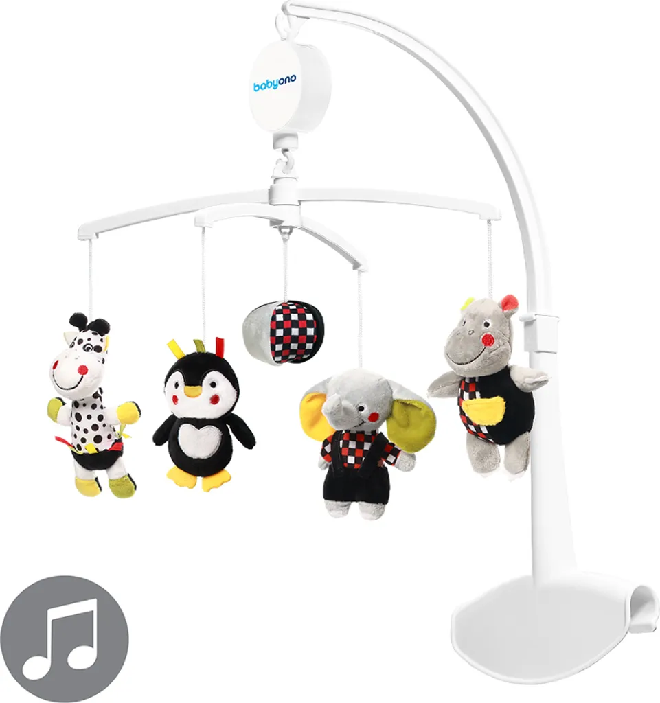 BabyOno Carousel au-dessus du berceau Animaux Noir Blanc, Mobile Musical