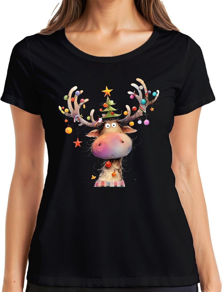 Weihnachts Rentier Geweih Christbaum Kugeln Stern niedlich lustig Damen T-Shirt, Schwarz, XXL