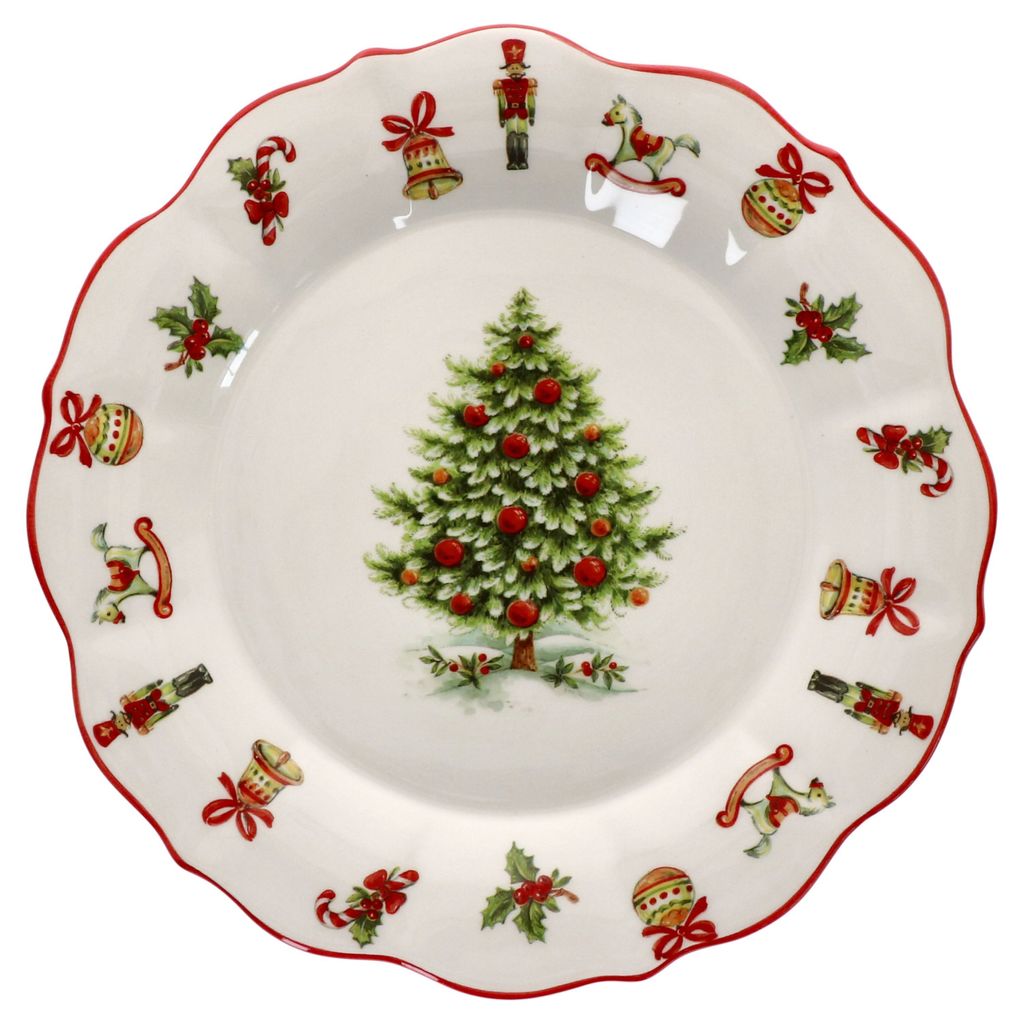 A Christmas-themed plate with a central Christmas tree and various festive ornaments around the rim.