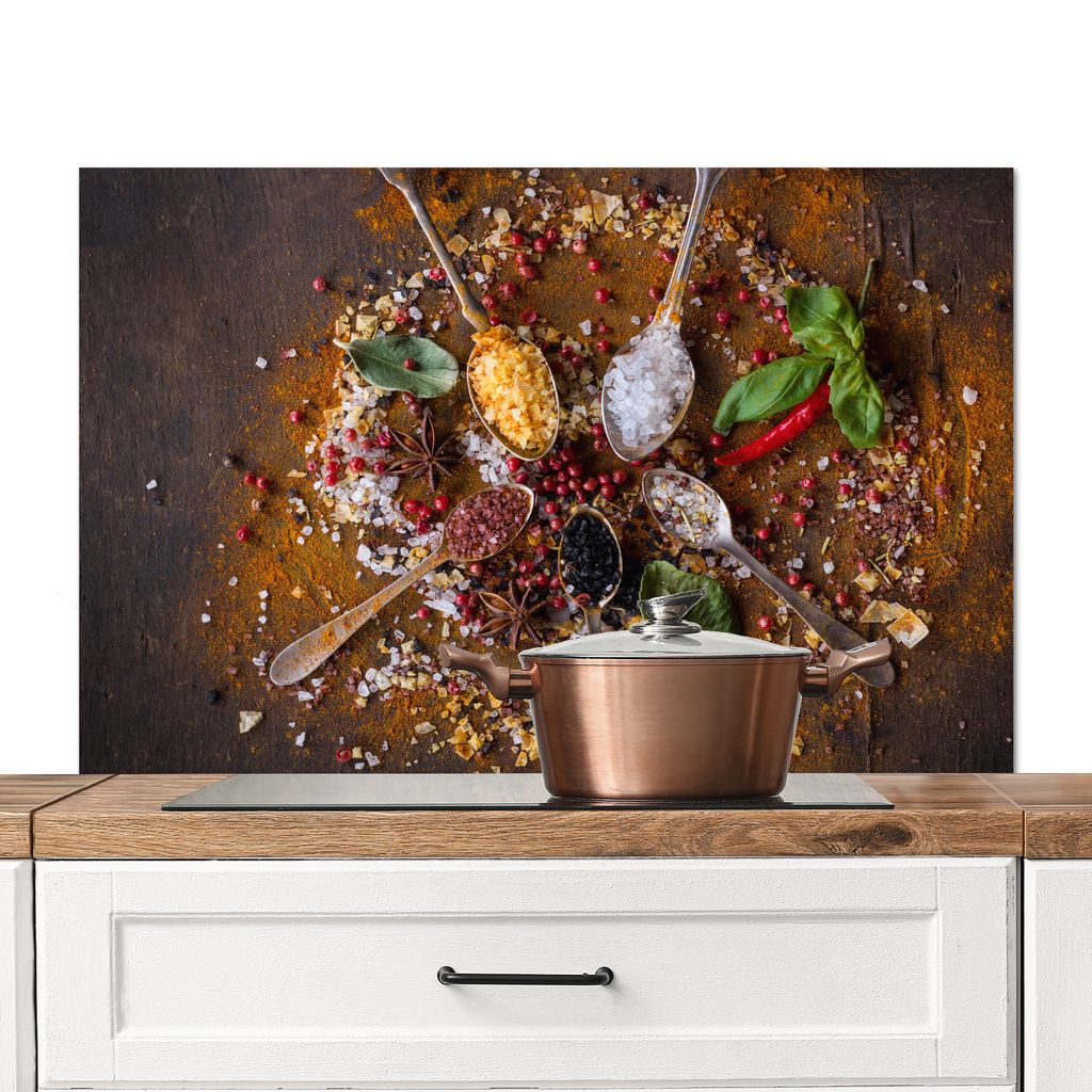 KitchenYeah Spritzschutz Küche - Küchenrückwand - Wandschutz für Herd und Spüle - Gewürze - Kräuter - Löffel - Salz - Braun - Küche 100...