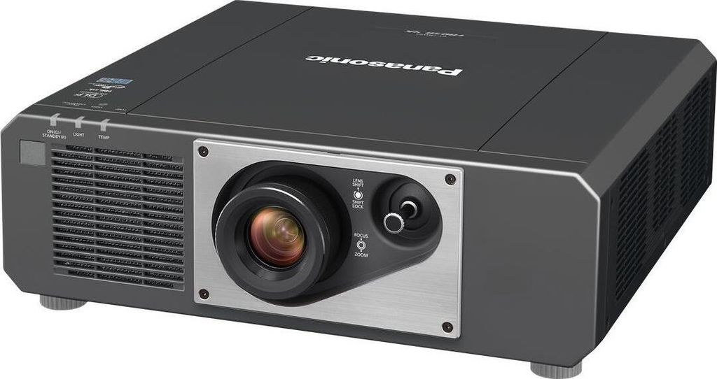 A black Panasonic projector is shown from a diagonal angle against a white background.