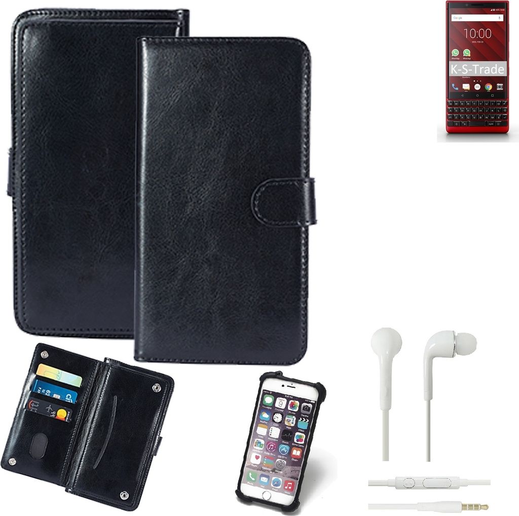 K-S-Trade 360° Hülle kompatibel mit Blackberry KEY2 Red Edition inkl. Headphones schwarz Kunstleder Case BookCase WalletCase Kunstlederederhülle
