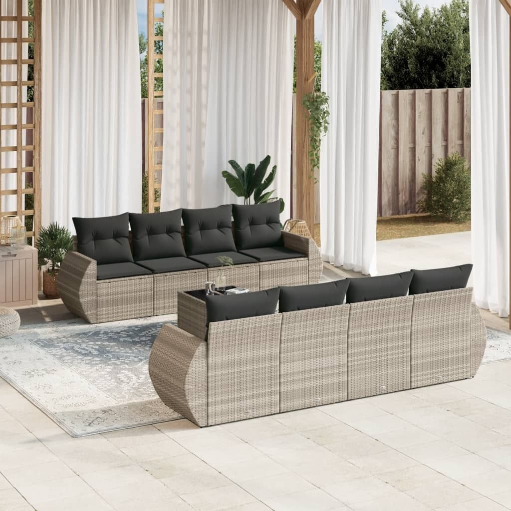 Industrie-Stil 9-tlg. Garten-Sofagarnitur Sofa Set mit Kissen Hellgrau Poly Rattan Terrassenmöbel2024 cloris