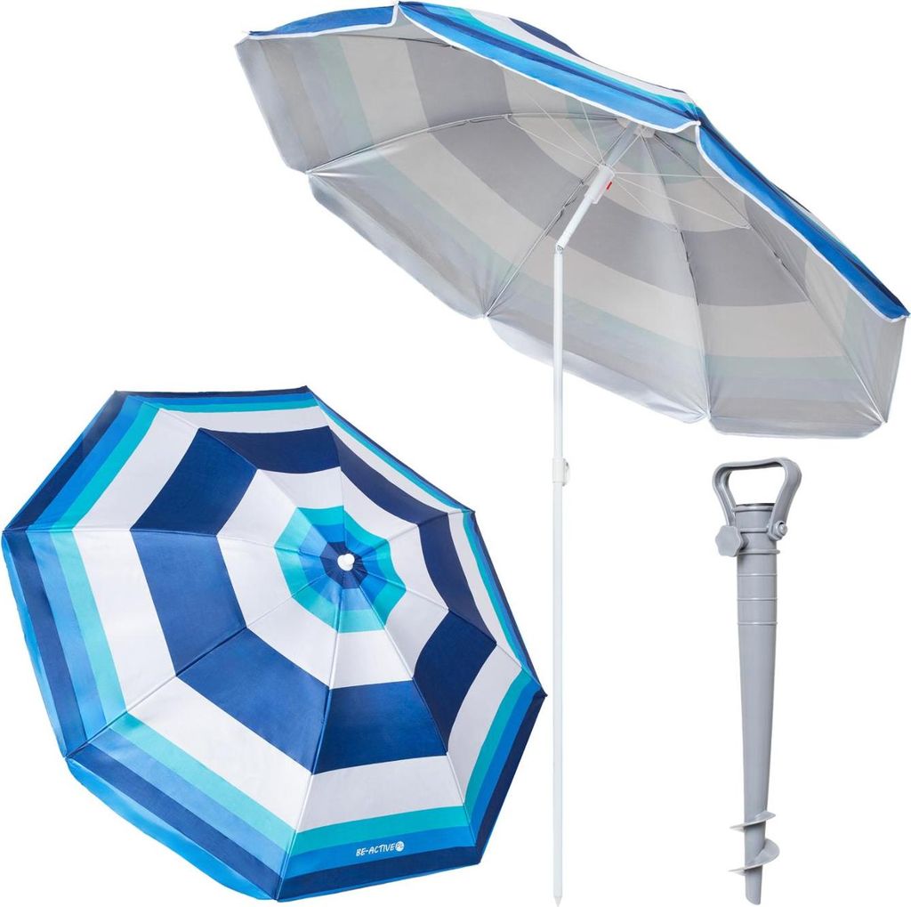 Strandschirm groß faltbar – stabiler Sonnenschirm mit Bodenanker für Balkon Garten & Camping blaue streifen