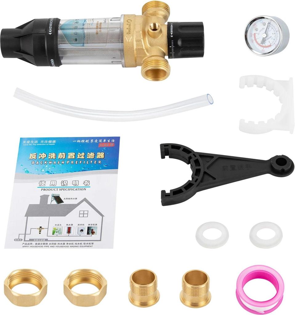 Silber Wasserhahn-Filter, Vorfilter/Sedimentfilter aus Edelstahl, wiederverwendbar, für Brunnenwasser, Schlauch 1/2'' 3/4'' (20 mm)