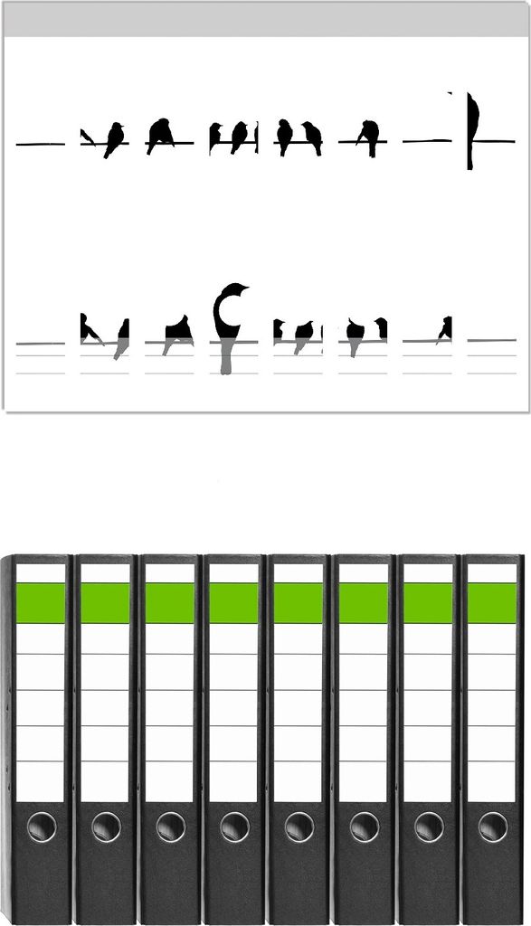 Wallario 8 Stück schmale Ordner inkl. Klebeetiketten mit Motive Vögel auf einer Stromleitung - Set mit Rückenschildern / Ordnerrücken Stickern
