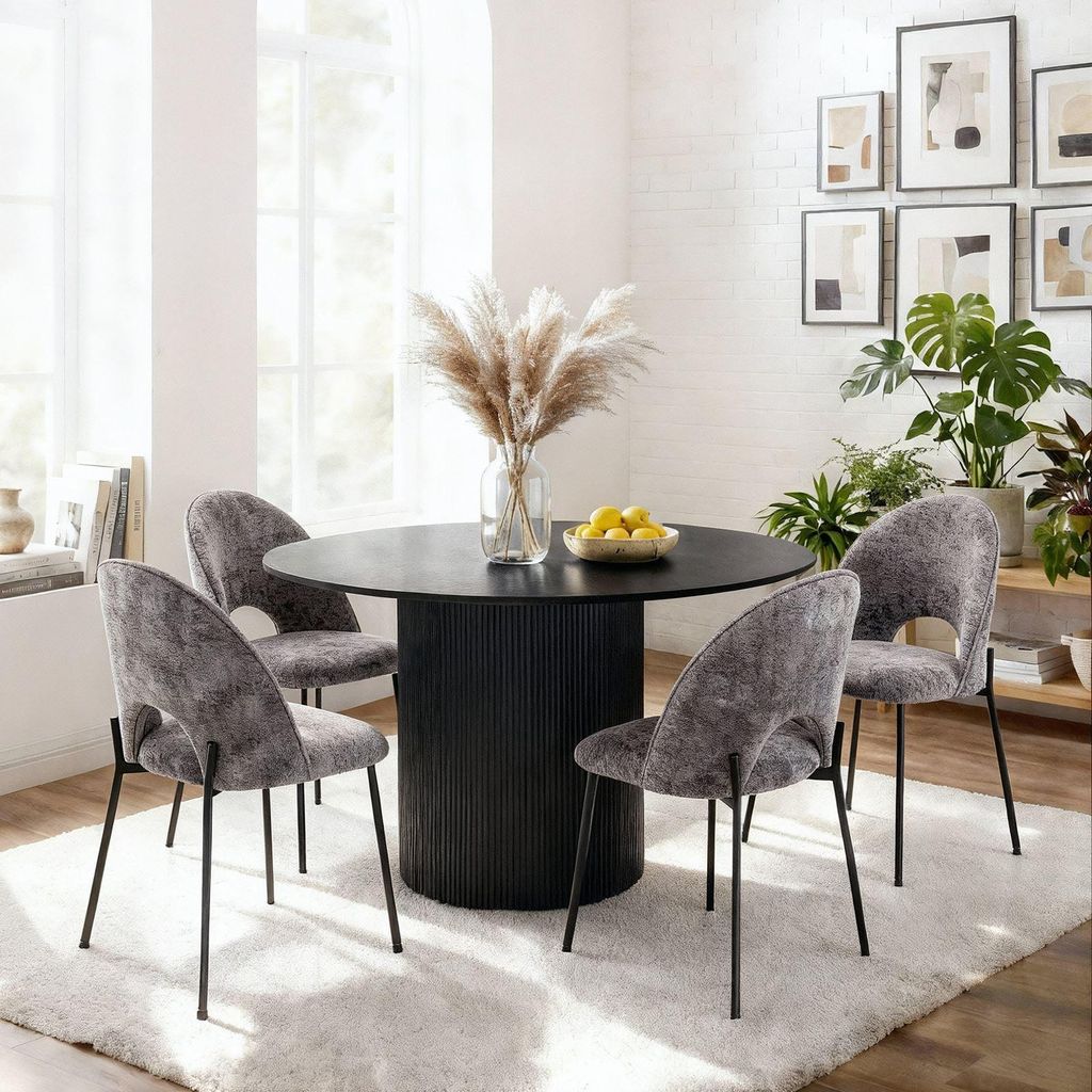 Essgruppe VIANNEY 1 Tisch mit 4 Stühlen, Ø120 x 75 cm, schwarz grau – modernes Esszimmerset mit rundem Esstisch aus MDF und Metall, Stühle mit...