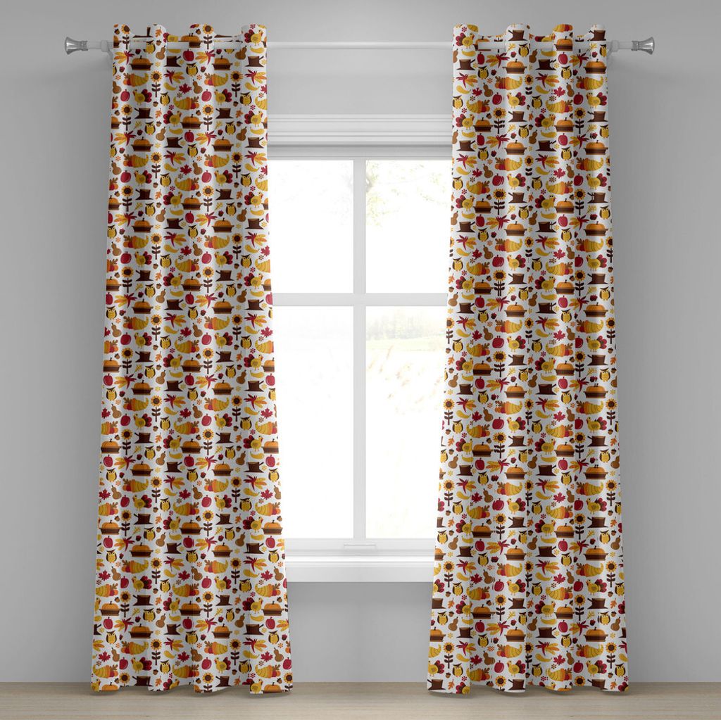 ABAKUHAUS Ernte Ösenvorhang, Niedliche Cartoon-Fall-Zusammensetzungs-Nuss-Ahorn-Blätter-Eulen-Hahn-Kürbise, Dekorative 2-Panel-Fenstervorhänge,...