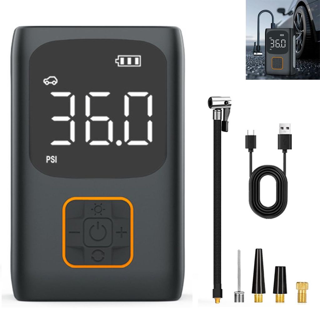Mini Luftpumpe Kabellos, 7,4 V, 60 W, LCD Anzeige, LED Notlicht, Powerbank, Tragbar, Auto, Fahrrad, Motorrad, Ball, Reifenpumpe