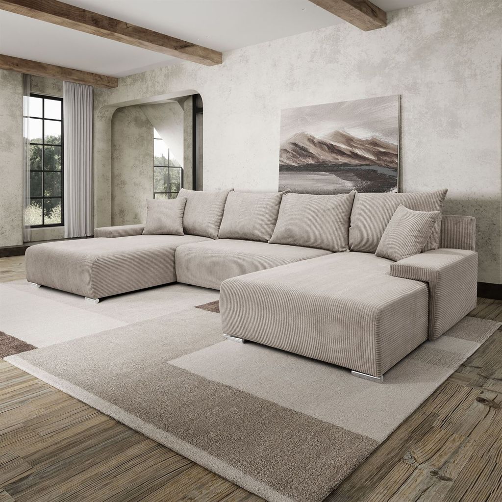 FurMeb24 ECKSOFA LAVANO U-form 348 x 188 cm CREMEFARBEN - mit schlaffunktion und bettkasten