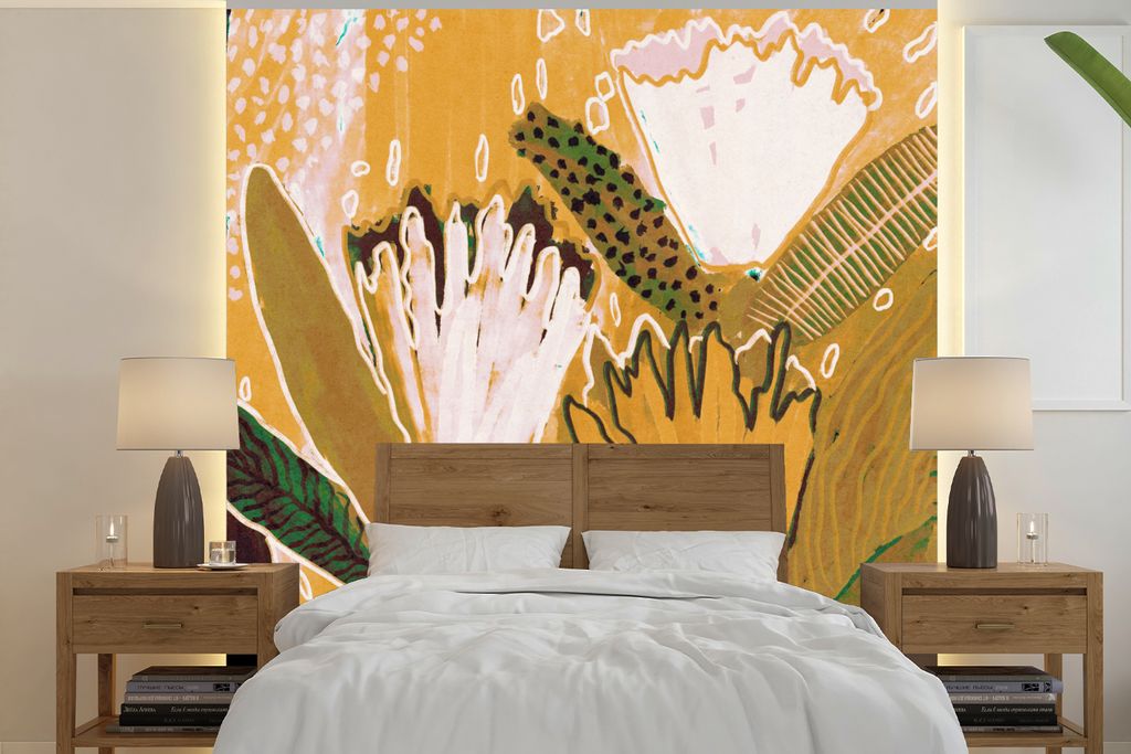 MuchoWow Fototapete für Wohnzimmer oder Schlafzimmer Wandtapete Vinyl Motivtapete Blumen - Gelb - Pflanzen - 240x240 cm - Schlafzimmer-Tapete