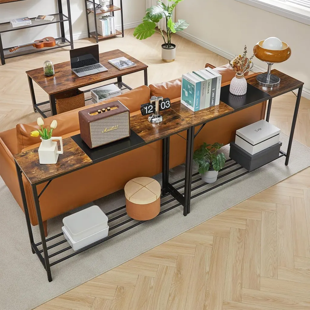 Console compacte rustique 100cm - Table de hall en métal et bois vintage