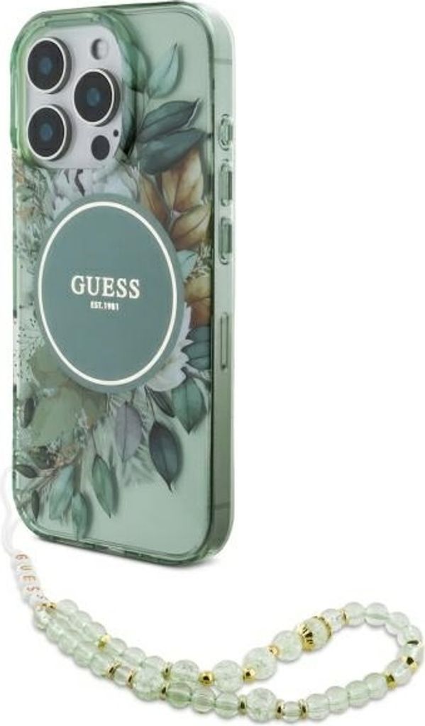 Guess GUHMP16LHFWBRCESN iPhone 16 Pro 6.3" grün hardcase IML Flowers With Pearl Strap MagSafe Schutzhülle