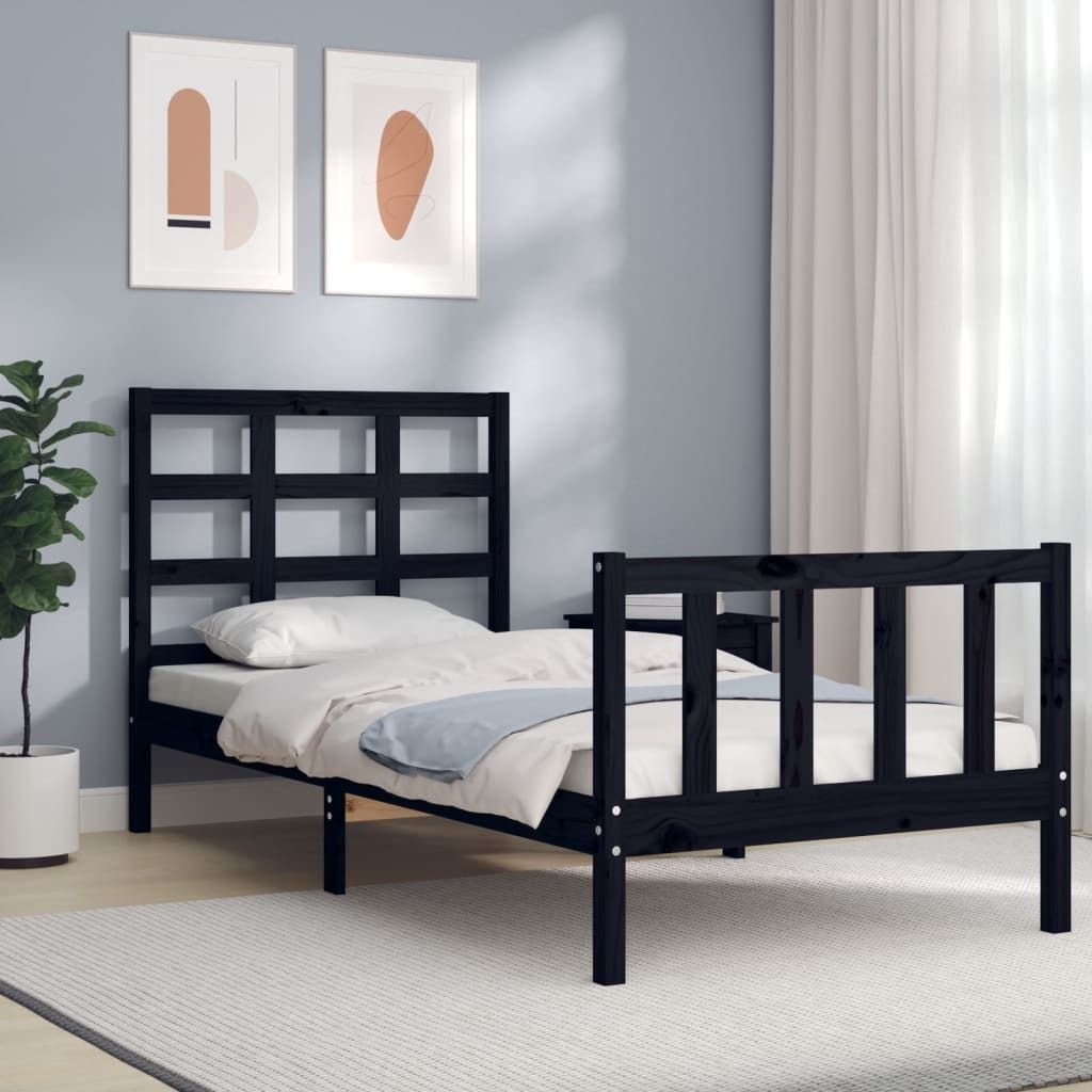 The Living Store Massivholzbett mit Kopfteil Schwarz Produktbild 