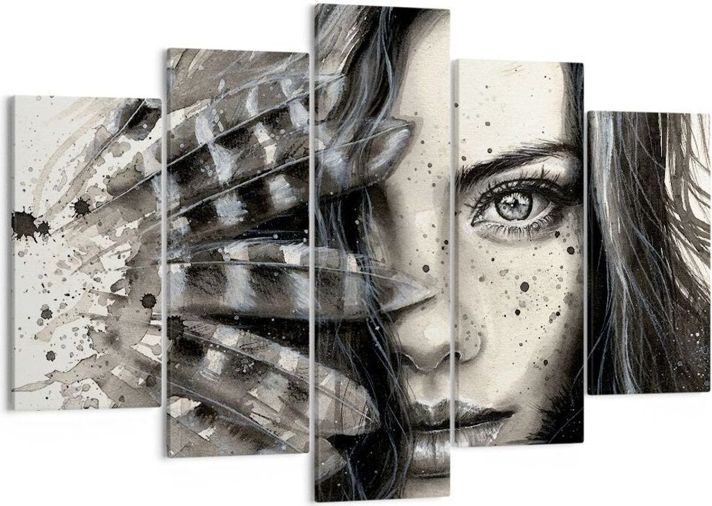 Bild auf Leinwand - Leinwandbild - Frau Federn Lippen Kunst. - 150x100cm - Wand Bild - Wanddeko - Leinwanddruck - Bilder - Kunstdruck - Wanddekorat...