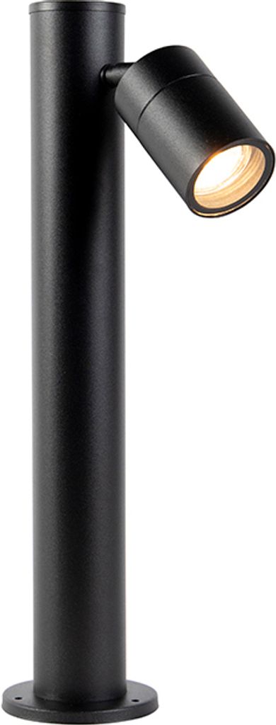 A black outdoor bollard light with an adjustable spotlight.