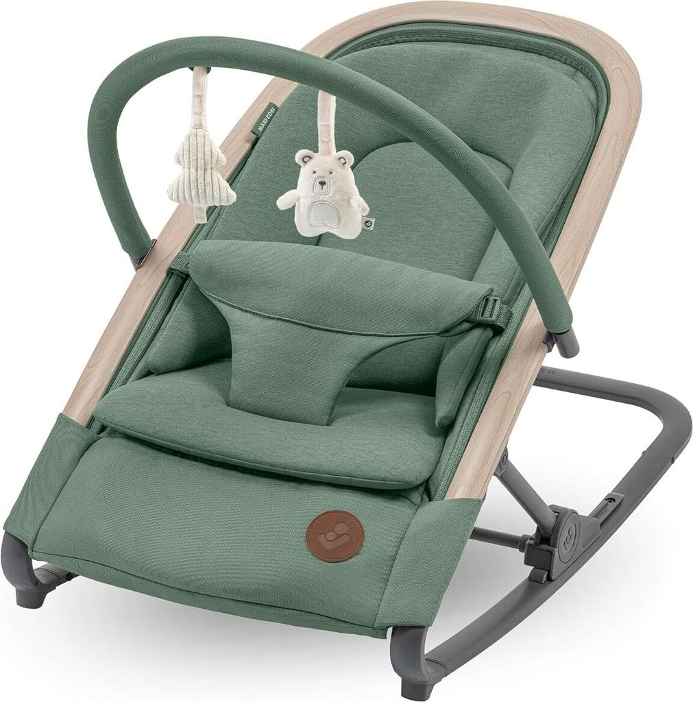 A baby bouncer chair with toys attached.