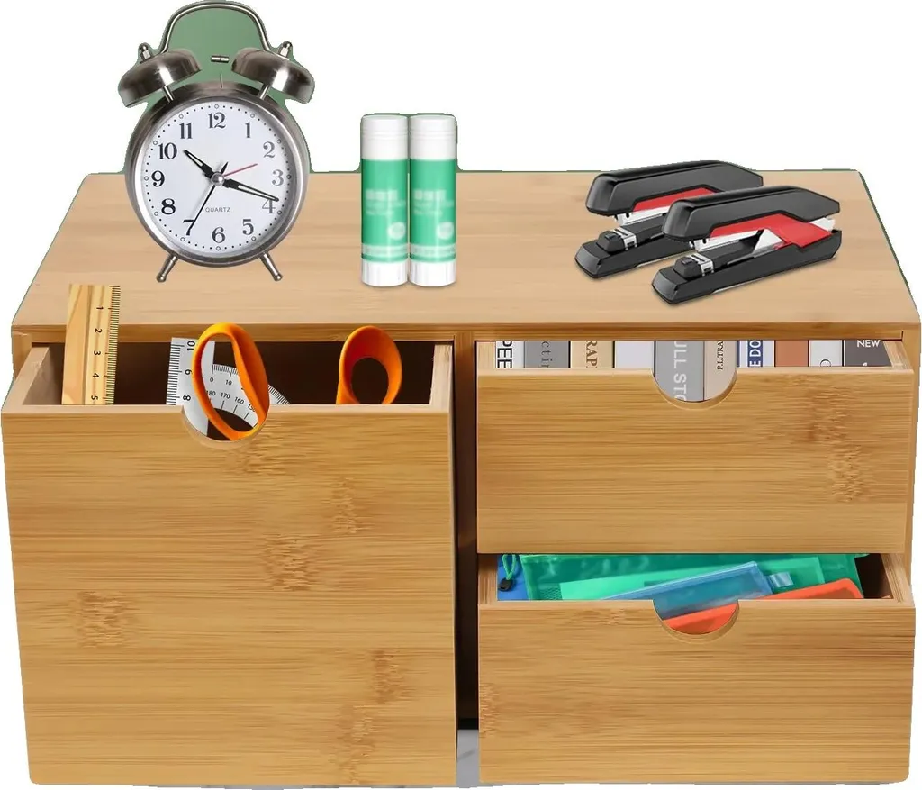 Organiseur de bureau rectangulaire 3 tiroirs en bambou massif - 33cm