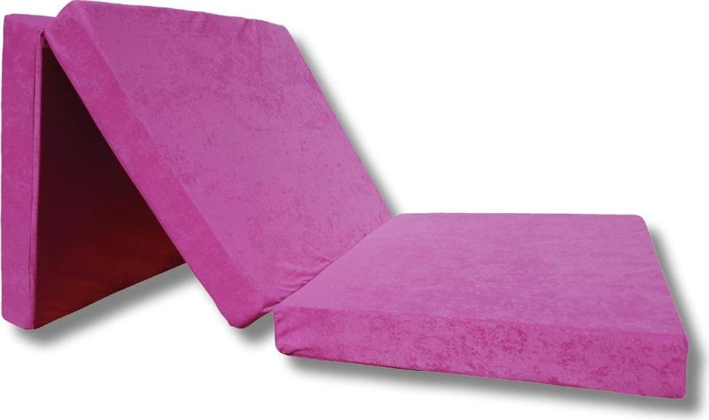 A pink foldable mattress on a white background.