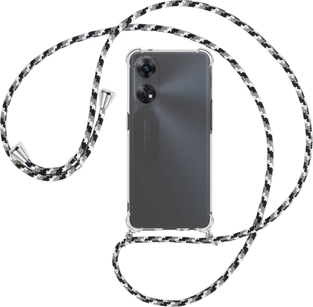 Handykette Backcover-Schutzhülle mit Band (Metall silberfarben) für Oppo Reno8 T 4G (CPH2481, 6.43'') - schwarz/grau/weiß