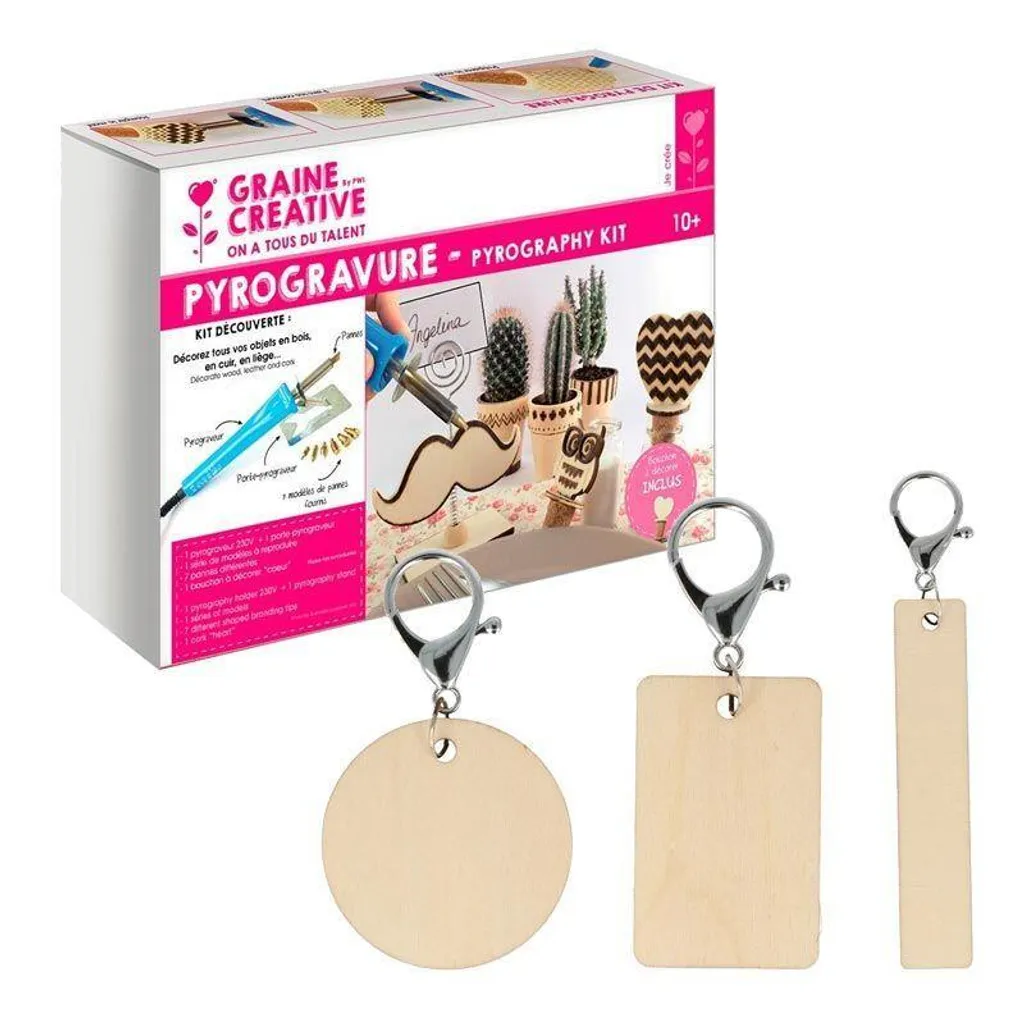Brûleur et 9 porte-clés en bois à décorer pour pyrogravure créative