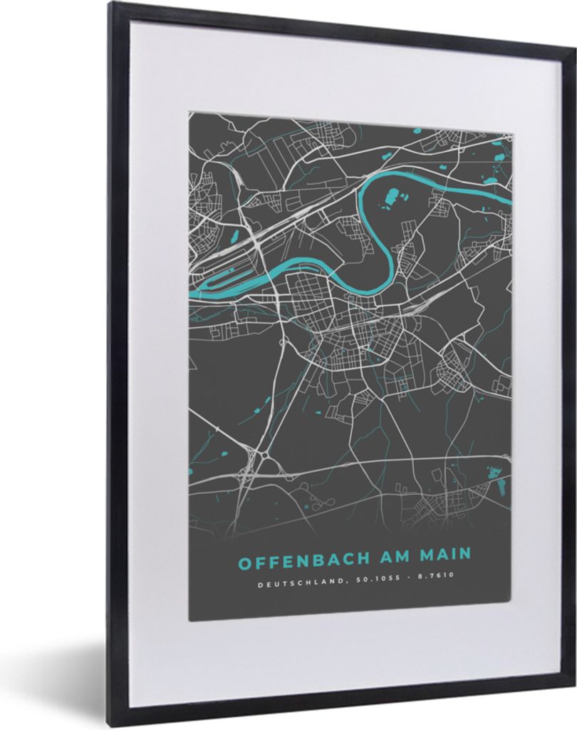 MuchoWow Gerahmtes Poster Deutschland - Blau - Offenbach am Main - Stadtplan - Karte 30x40 cm - Poster mit Schwarzem Bilderrahmen Wandposter Rahm...