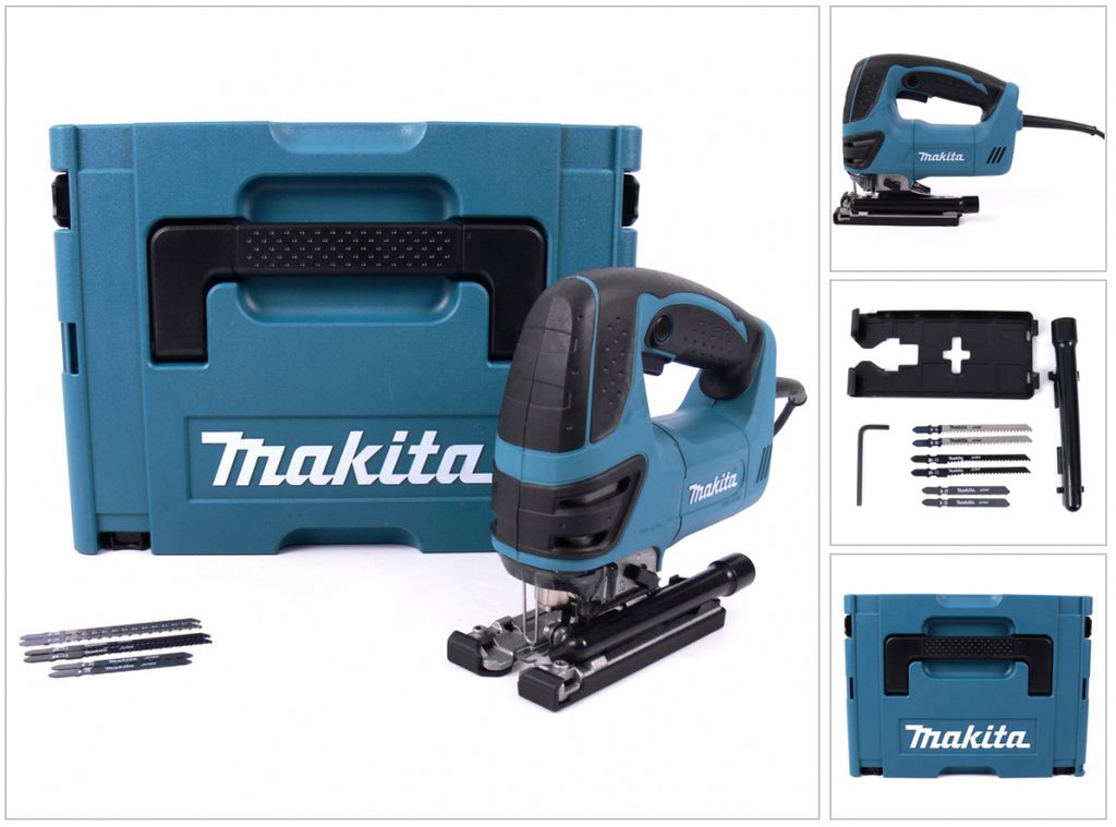 A collage of images showing a Makita jigsaw and its accessories, including a storage case and blades.