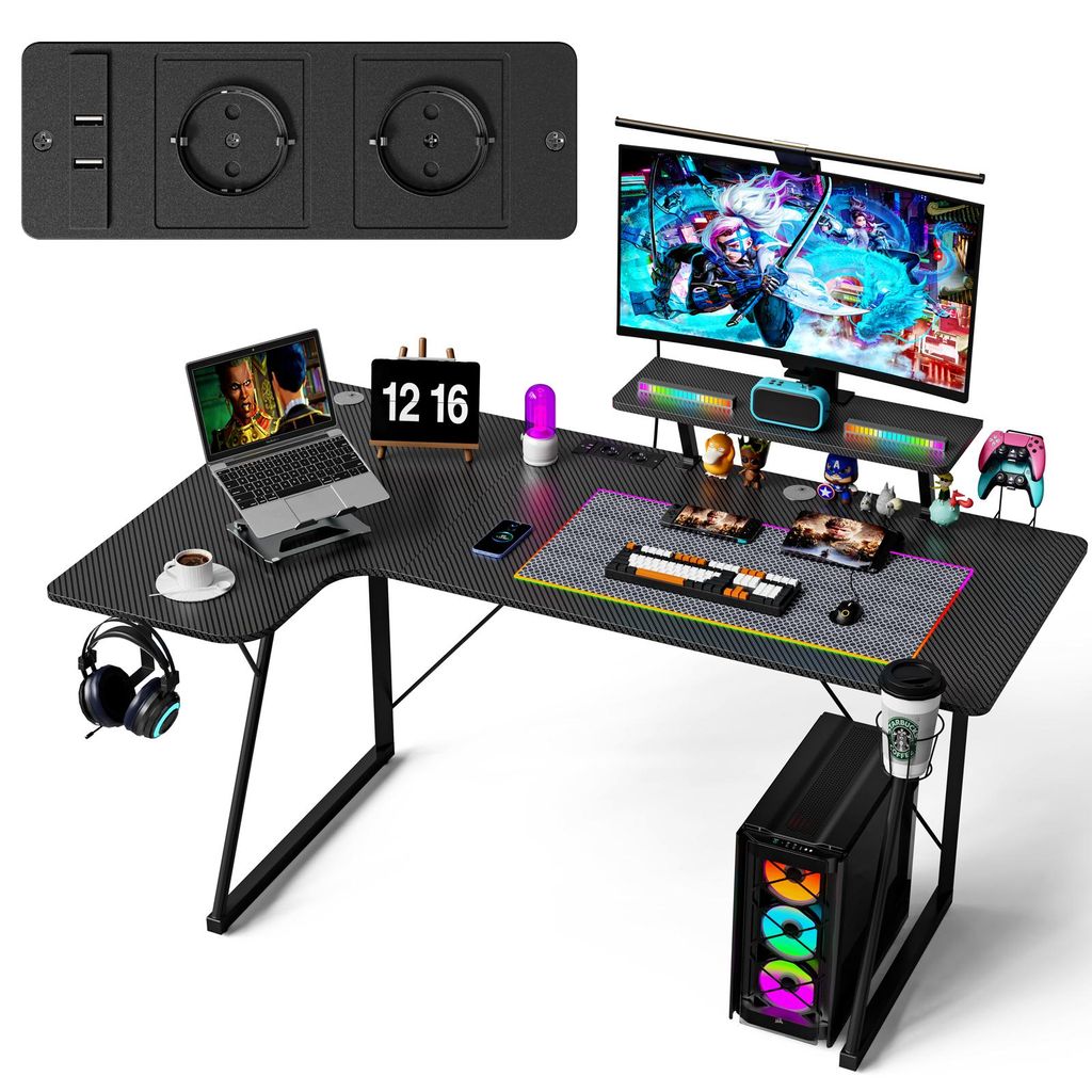 Gaming Tisch mit Steckdosen,150cm Computertisch mit Monitorständer & CPU Ständer,Ergonomischer Schreibtisch für Schlafzimmer Büro 150x60x74cm