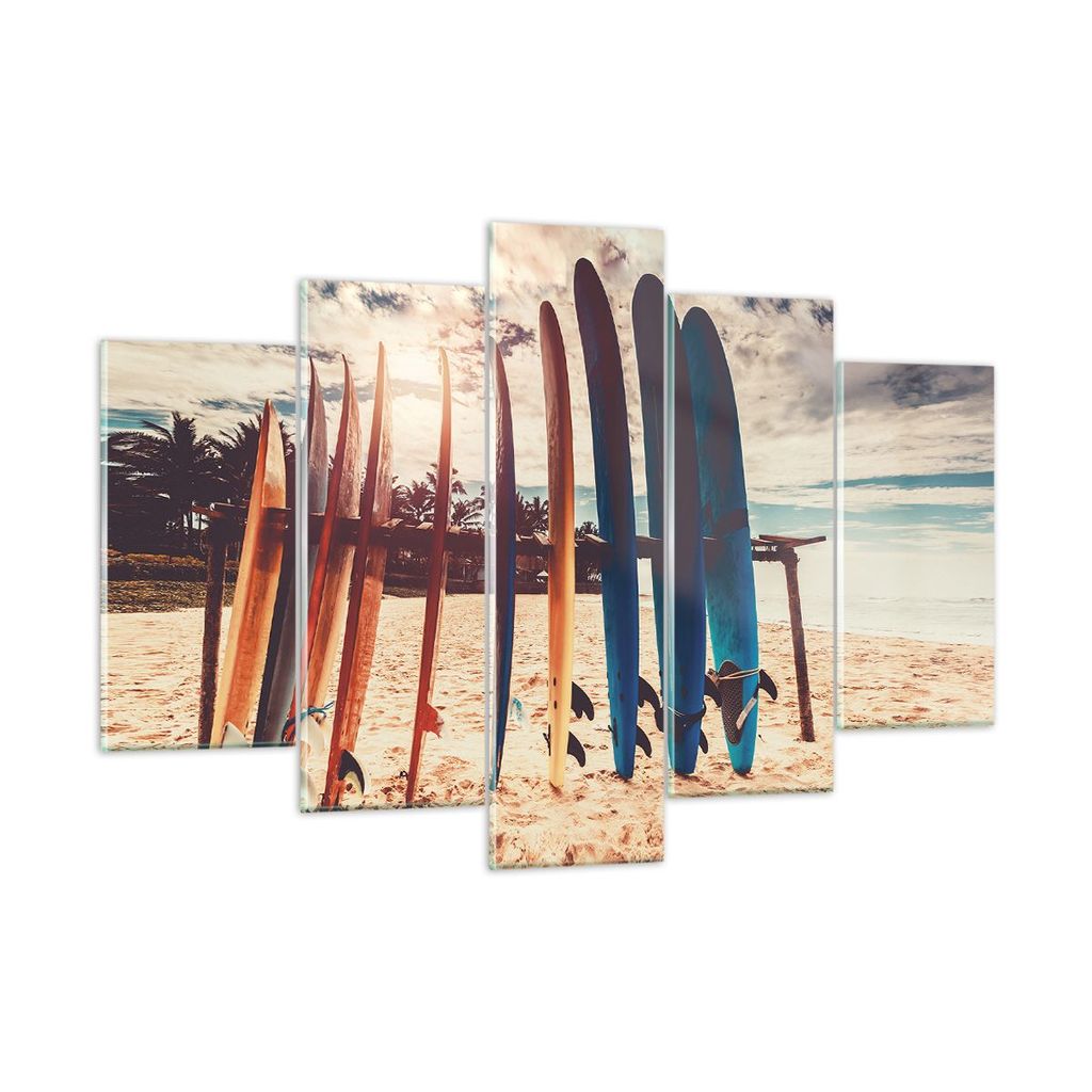 Bilder auf glas - 5 Teile - Surfen Strand Board - 150x100cm - Glasbilder - Wandbilder - Bilder - zum Aufhängen bereit - Wanddekoration aus Glas - ...