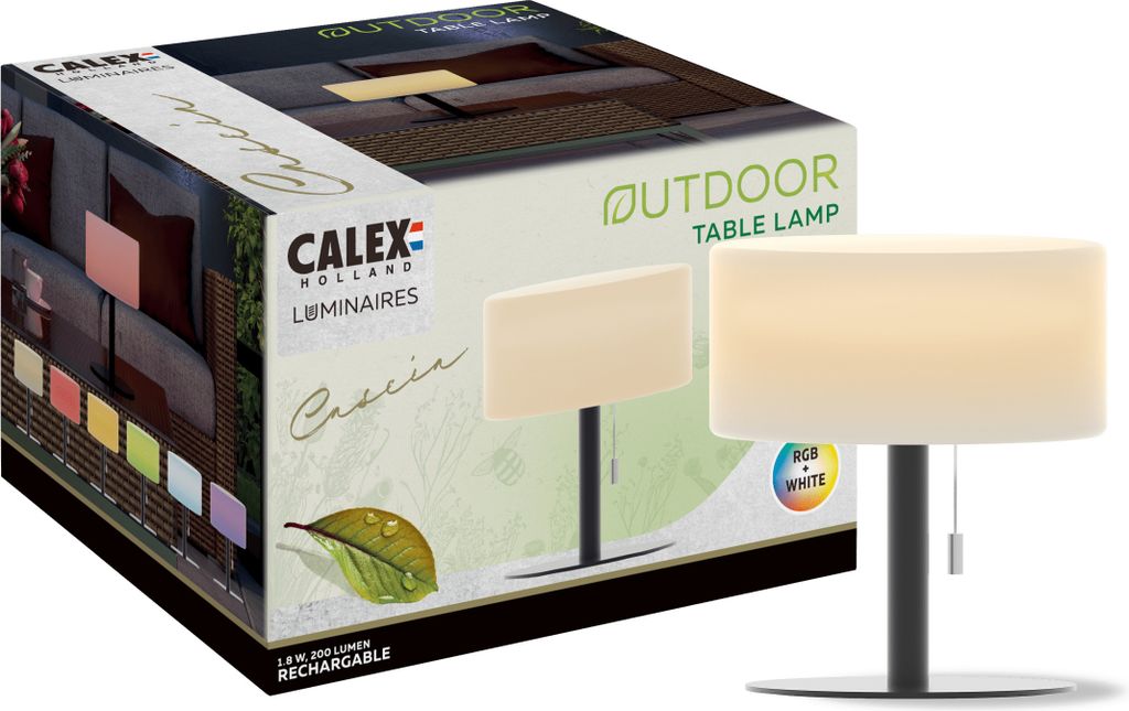 Calex Cascia Tischlampe, wiederaufladbar, kabellos, dimmbar, Farben & warmweißes Licht, wasserdicht, Aluminium, Schwarz