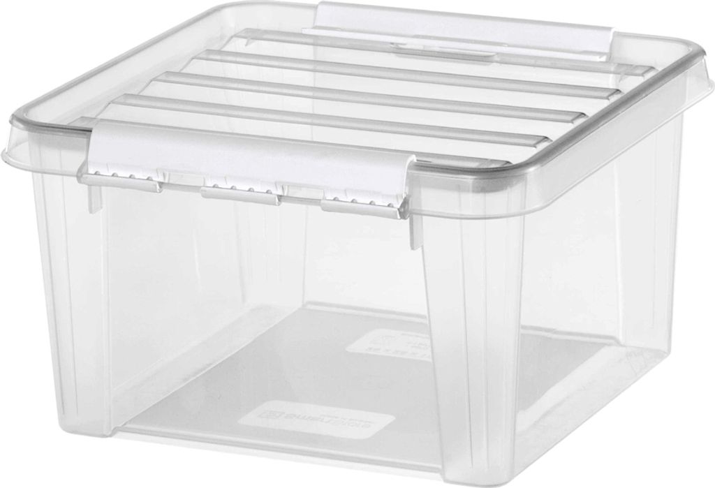 A clear, studio shot of a transparent storage box with a white lid and white clasps.
